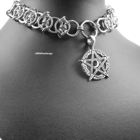 Pentagram Necklace Barbed Wire Steel Choker Celtic Moon